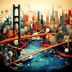 Sticker - Abstract city skyline with interconnected bridges.