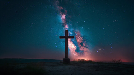 Sticker - A large wooden cross is standing in the middle of a field of stars