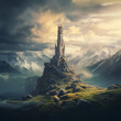 Ancient wizards tower in a mystical landscape. 