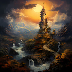 Wall Mural - Ancient wizards tower in a mystical landscape. 