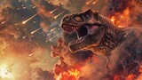 Fiery Dinosaur Extinction Event: Brown T-Rex orange fire apocalyptic scene.
