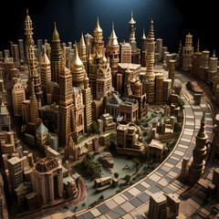 Canvas Print - Chessboard where pieces are miniature cities.