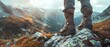 Capture the essence of adventure with a stunning panoramic view of a rugged mountain trail Depict hikers wearing durable, supportive boots that showcase intricate details.