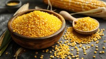 Yellow Corn Grits On Corn Cob Background, Heathy Food Concept