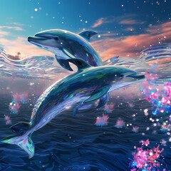 Poster - Holographic dolphins leaping in a digital ocean.