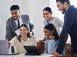 © peopleimages.com - Happy, office and reading report with news on teamwork with excited people and support in collaboration. Email, feedback and staff synergy on project with announcement, info or online success