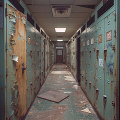 Canvas Print - A hallway with old metal lockers and graffiti on the walls