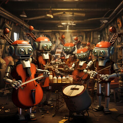 Sticker - Robot orchestra playing instruments in harmony.