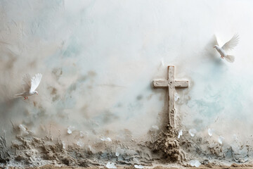 Poster - A cross is on a wall with two white birds flying in the background