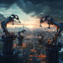 Poster - Robotic arms creating a city skyline. 