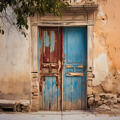 Poster - Rustic door with peeling paint in an old town.