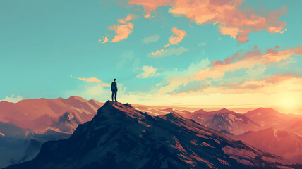 A man stands on a mountain top, looking out at the beautiful landscape