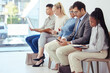 © peopleimages.com - Row, waiting and people in line for business recruitment, onboarding and interview for corporate career or job. Diversity, sitting and meeting with hr for hiring, candidates or chair for appointment.