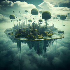 Poster - Surreal underwater scene with floating islands.