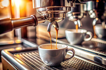 Coffee pouring into a cup from espresso coffee machine