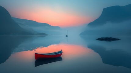 Wall Mural - A small white boat sits in the middle of a lake, with the sky in the background