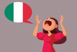 Loud Woman Speaking Italian Language Vector Illustration. Funny demagogue woman speaking about traditional nationalist values in Italy
