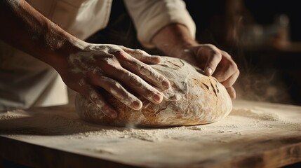 Poster - Close-up of a baker scoring a sourdough loaf, with the blade creating a precise ear in the dough, in a professional bakery. 