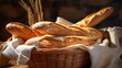 Artisan gluten-free baguettes, close-up, highlighting the crispy crust and airy interior, on a linen-draped basket.