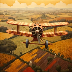 Poster - Vintage biplane flying over a patchwork of fields.