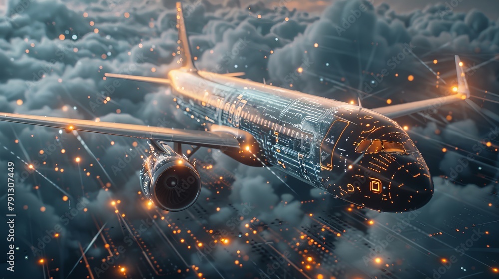 Advanced aviation technology visualized as an airplane merging with a ...