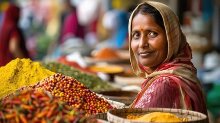 Young Indian woman vending spices at the market.
