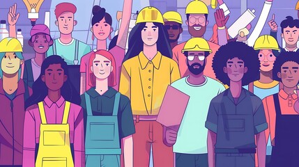 flat illustration of group industrial workers, international workers day