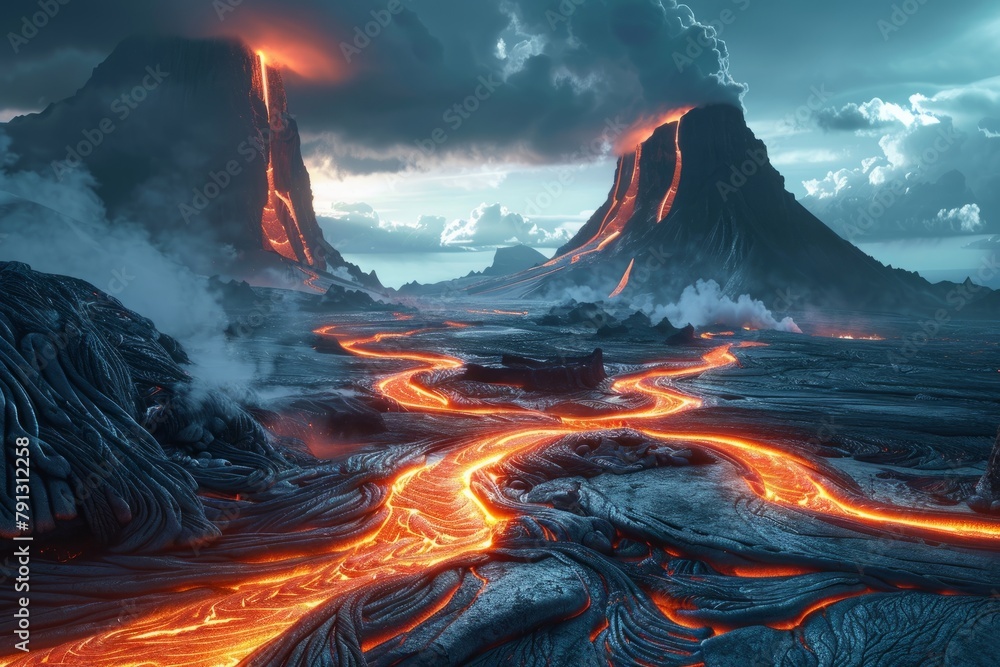 Hot molten lava streaming volcano eruption stream hot boiling magma ...