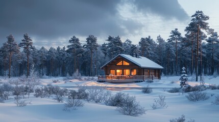 Wall Mural - A cozy cabin in the woods with a fireplace and a porch