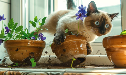 Poster - a cat is playing with potted flowers outside on the windowsill