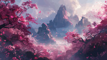 A Painting Of A Mountain Landscape With Pink Flowers