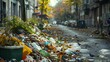 A city street littered with trash and debris, evoking a sense of urban neglect and environmental issues. 