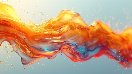 Wall Mural - Dynamic colorful liquid splash on a blue background with vivid orange and red tones forming an abstract wave. 