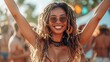 © Dionysus - A joyful young woman with dreadlocks wearing sunglasses and summer attire celebrates at an outdoor festival