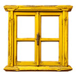 A yellow wooden window frame with rustic details isolated on a white transparent background, png