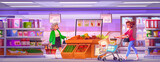 Fototapeta Dinusie - People in grocery supermarket. Store interior cartoon background. Shelf inside shop and mall aisle with food on rack. Woman holding basket in mall gastronomy department with vegetable showcase design