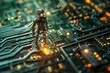 A solitary robotic figure awakens on a forgotten circuit board, its glowing eyes scanning the maze of metallic pathways, a lone explorer in a world of cold silicon