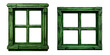 Green wooden window frames with glass panes against a white transparent background, png