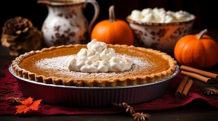 Poster - Pumpkin pie close-up, with a dollop of whipped cream and a sprinkle of cinnamon, on a festive autumn-themed cloth. 