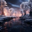 Fantasy winter landscape with a frozen river and trees. 3d render