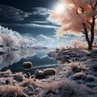 Sheep on frozen lake in winter. 3d render illustration.