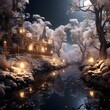 Fantasy landscape with a lake, trees and a house. 3D rendering