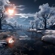 Fantasy winter landscape with a frozen river and trees. 3d illustration