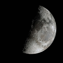 Wall Mural - first quarter moon phase isolated on black background.