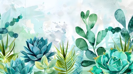 Wall Mural - Watercolor cactus seamless pattern. Hand drawn repeating ornament with desert plants on white background. Flowering cacti banner design Ai generated 