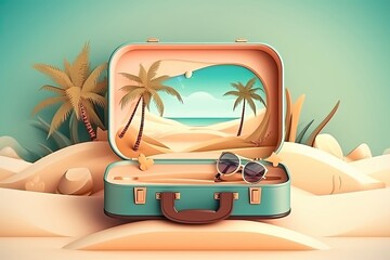 A suitcase with sunglasses and a palm tree in the background