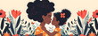 Mother's Day banner featuring a person of color mother and her child. It is a digital art illustration with pastel colors, celebrating the special occasion with love and joy.