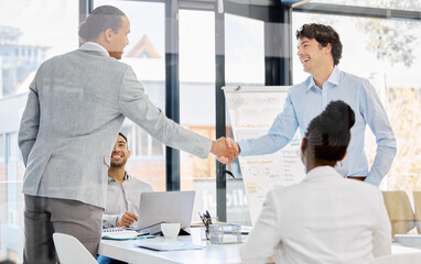 Canvas Print - Business people, meeting and handshake with presentation and congratulations, praise and pride in team. Corporate group, collaboration or partnership with shaking hands for bonus, support and success