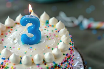 Wall Mural - A close-up of a birthday cake with a number 3 candle and colorful sprinkles.