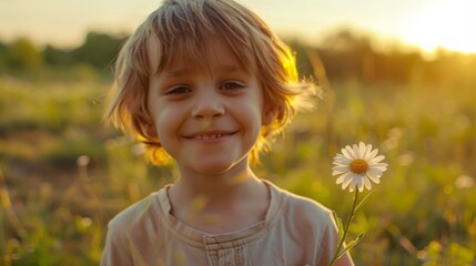 Wall Mural - boy portrait in smiling holding a daisy flower